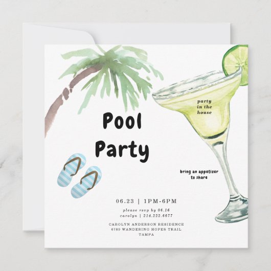 Invitation Palmier tropical Margarita White Pool Party (Devant)