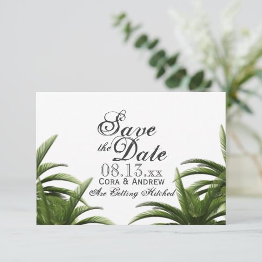 Invitation Palmier tropical Mariage vert Enregistrer la date (Debout devant)