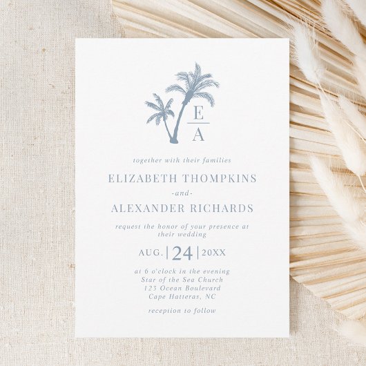 Invitation Palmier tropical Monogram Beach Blue Mariage