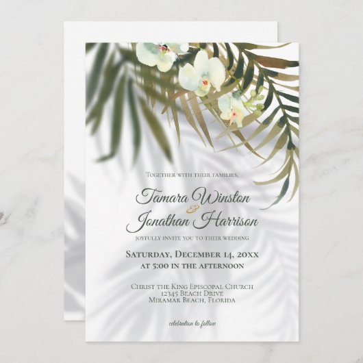 Invitation Palmier Tropical & Ombres Orchidées Beach Wedding (Devant / Derrière)