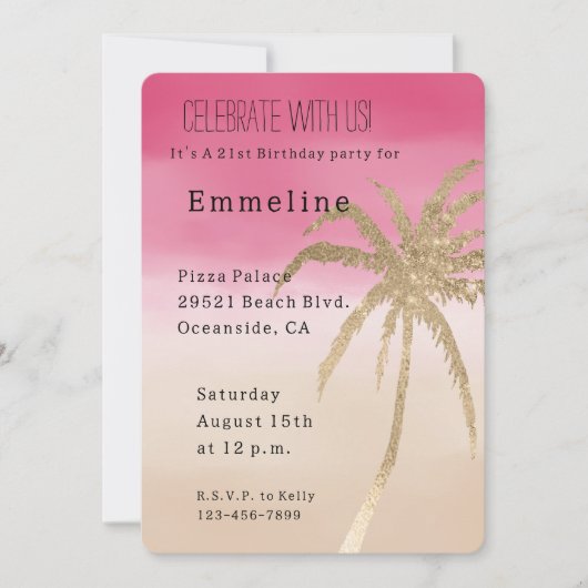 Invitation Palmier Tropical Peach Peach Pink Gold (Devant)