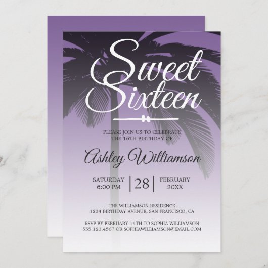 Invitation Palmier tropical Purple Sweet 16 16e anniversaire (Devant / Derrière)