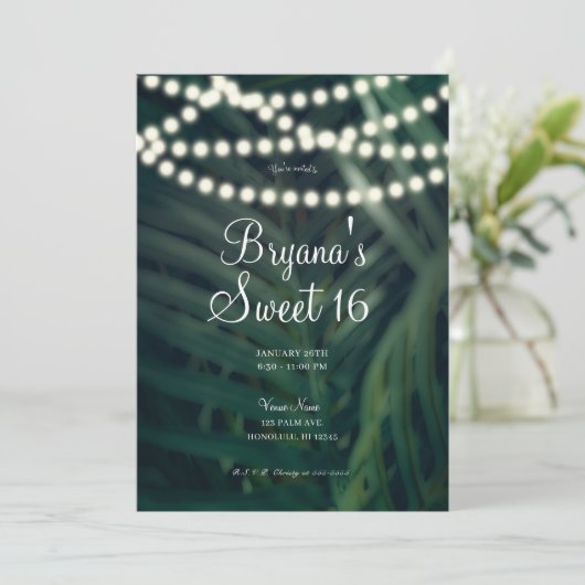 Invitation Palmier Tropical Vert foncé Feuilles & Lumières Sw (Debout devant)