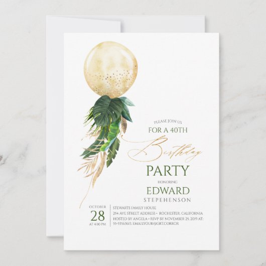 Invitation Palmier vert et or Feuille Balloon géant Anniversa (Devant)