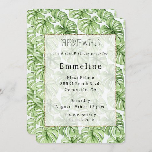 Invitation Palmier Vert Tropical Feuille Anniversaire (Devant / Derrière)