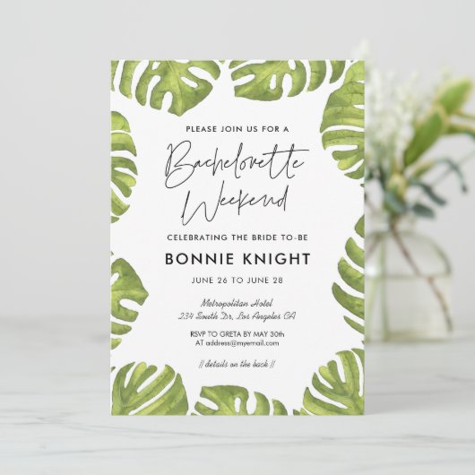 Invitation Palmier vert tropical feuille Bachelorette Week-en (Debout devant)