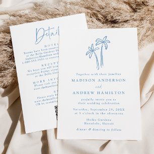 Invitation Palmiers bleus modernes QR Code Tout en un Mariage