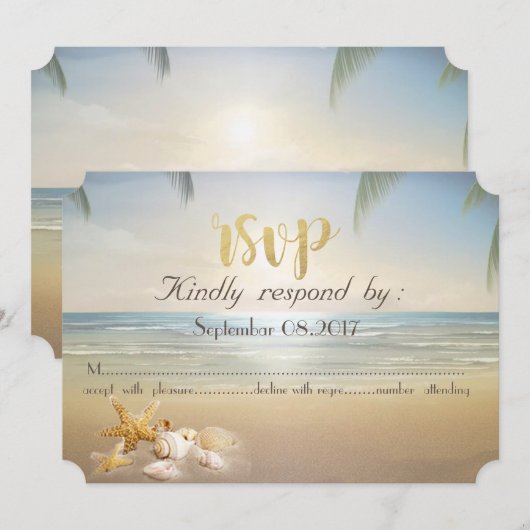 Invitation Palmiers Coucher de soleil Plage Coquillages RSVP (Devant / Derrière)