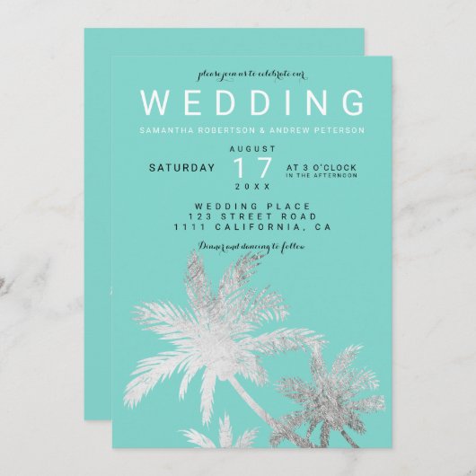 Invitation Palmiers d'argent moderne turquoise mariage élégan (Devant / Derrière)