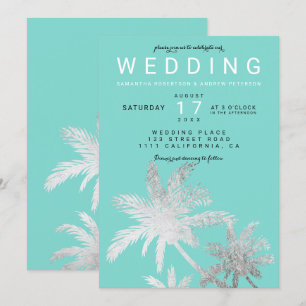 Invitation Palmiers d'argent moderne turquoise mariage élégan