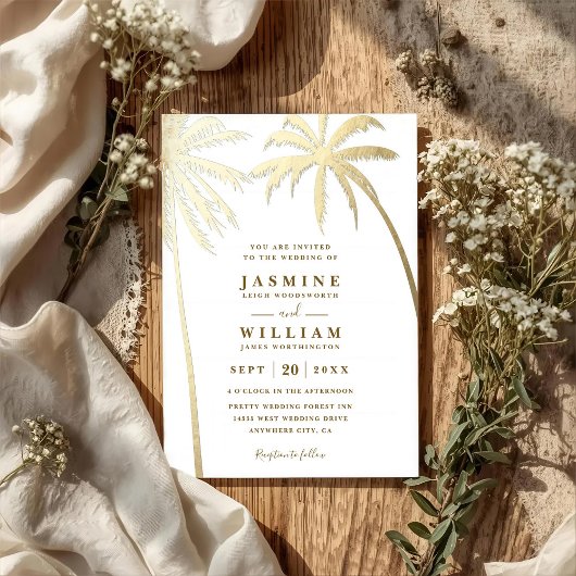 Invitation Palmiers Élégant Moderne Code QR Doré Mariage