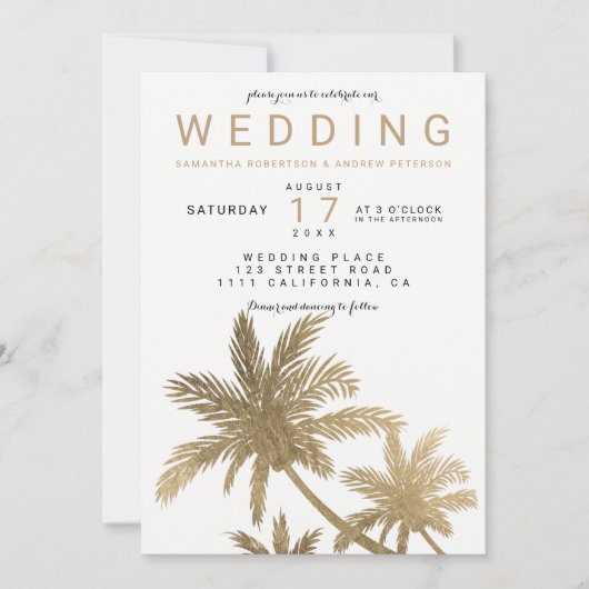Invitation Palmiers en faux or moderne mariage élégant (Devant)
