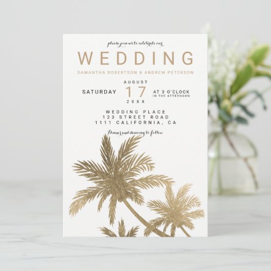 Invitation Palmiers en faux or moderne mariage élégant (Debout devant)