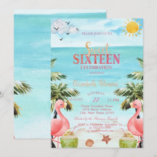 Invitation Palmiers Flamants Roses Tropicaux (Devant / Derrière)