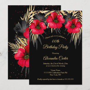 Invitation Palmiers Fleuris Exotiques Rouge Noir Or Fête d'an