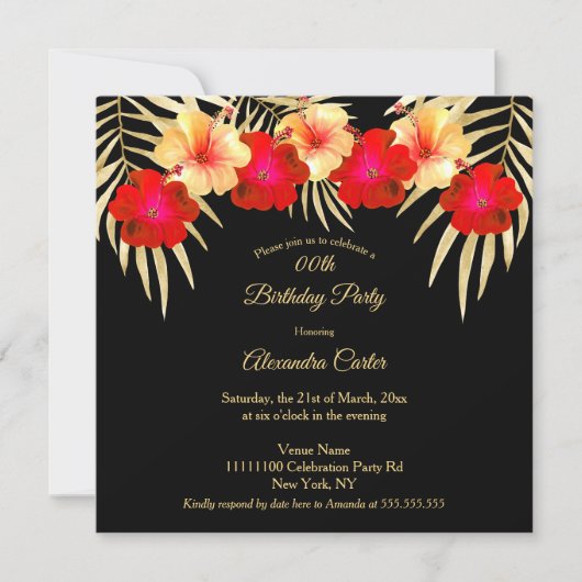 Invitation Palmiers noirs en or rouge Hibiscus Floral Anniver (Devant)