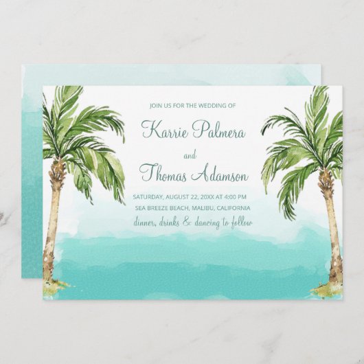 Invitation Palmiers océaniques | Mariage Watercolor Beach (Devant / Derrière)