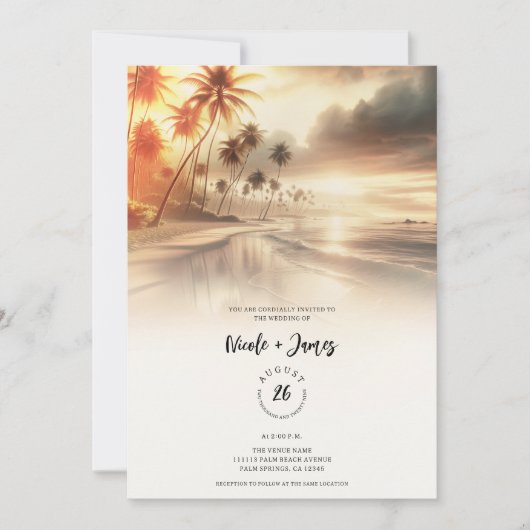 Invitation Palmiers & Orange Sunset Beach Mariage (Devant)