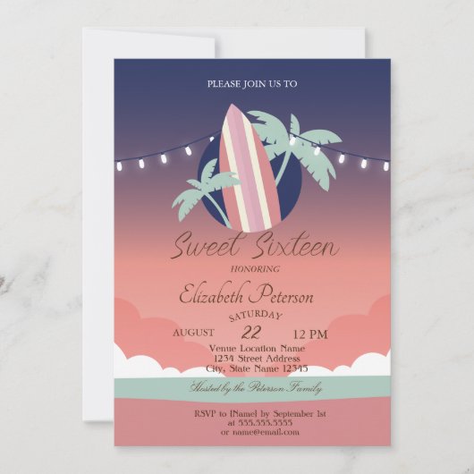 Invitation Palmiers, Planche de Surf Fête Douce 16 ans (Devant)
