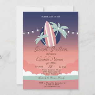 Invitation Palmiers, Planche de Surf Fête Douce 16 ans