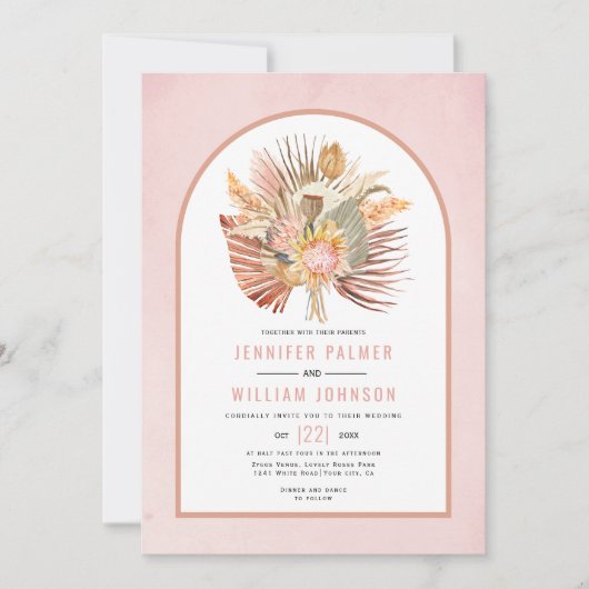 Invitation Palmiers séchés et pampas herbe douce rose mariage (Devant)