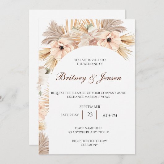 Invitation Palmiers séchés et style Boho feuille pour mariage (Devant / Derrière)