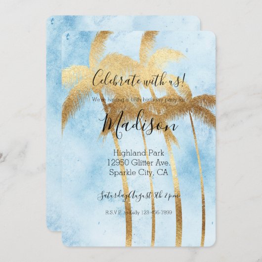 Invitation Palmiers Tropical Bleus (Devant / Derrière)