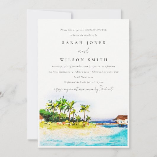 Invitation Palmiers Tropical Seascape Beach Couples Douche (Devant)