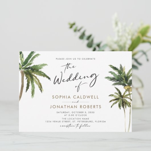 Invitation Palmiers tropicaux Calligraphie Destination Mariag (Debout devant)