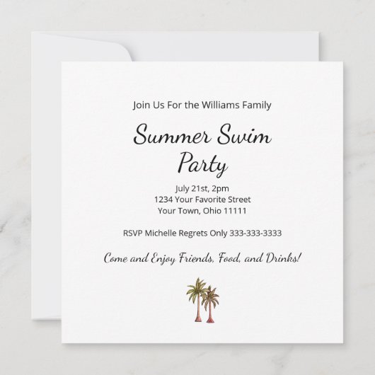 Invitation Palmiers tropicaux Élégant Rose Gold Pool Party (Dos)