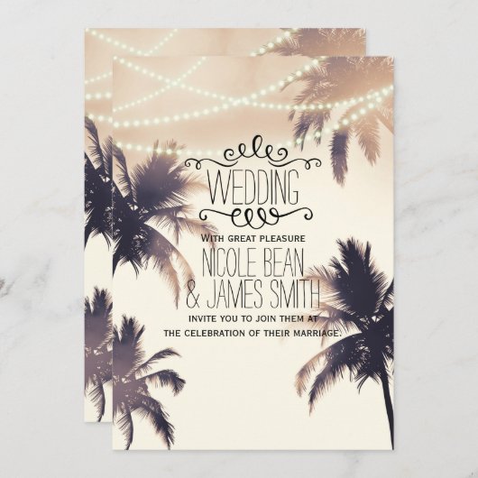 Invitation Palmiers tropicaux et lumières Crème Mariage de rê (Devant / Derrière)