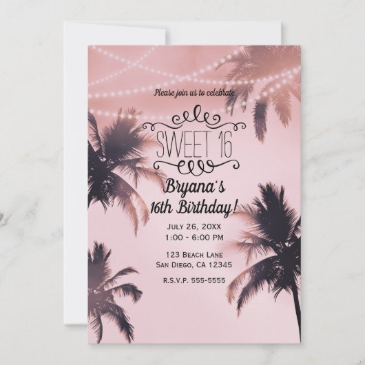 Invitation Palmiers tropicaux et lumières Plage rose Douce 16 (Devant)