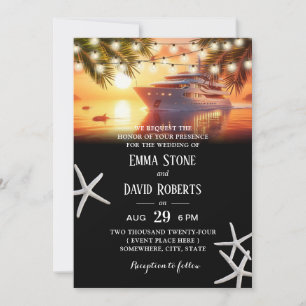 Invitation Palmiers tropicaux et yacht Sunset Beach Mariage