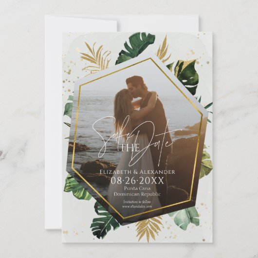 Invitation Palmiers Tropicaux Photo Gilded Enregistrer La Dat (Devant)