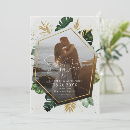 Invitation Palmiers Tropicaux Photo Gilded Enregistrer La Dat (Debout devant)