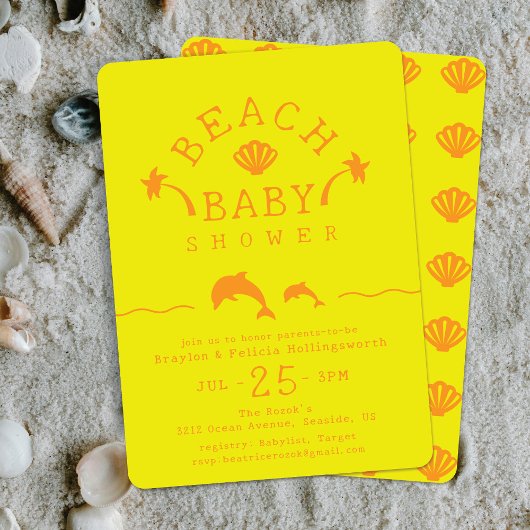 Invitation Palms & Dolphins Baby shower de plage Jaune & Oran