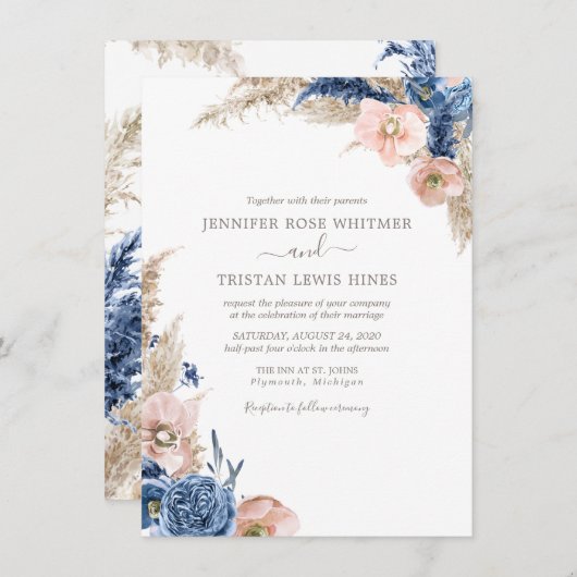Invitation Pampa Aquarelle Bleu Bleu Boho Séché Mariage Dans (Devant / Derrière)