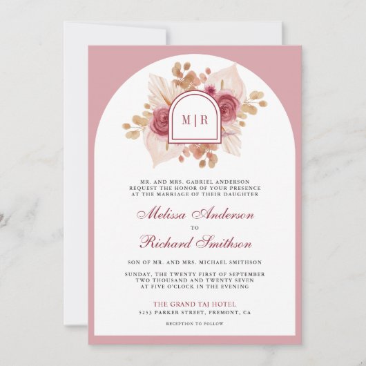 Invitation Pampa rose grenade Floral Mariage de code QR (Devant)