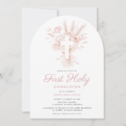 Invitation pampa rose poussiéreuse première communion florale (Devant)