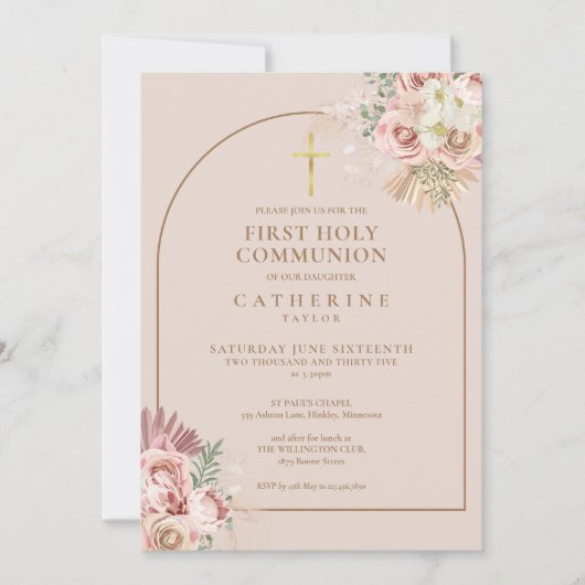 Invitation Pampas Arc d'or rose Grass Première communion sain (Devant)