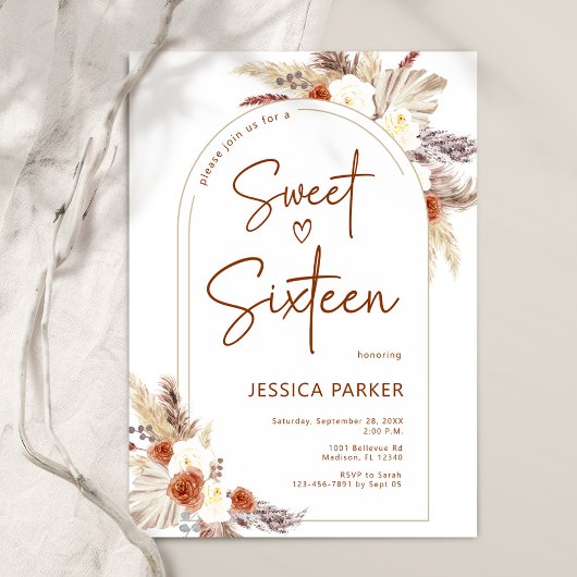 Invitation Pampas Arche en Herbe Terracotta Boho Sweet sixtee