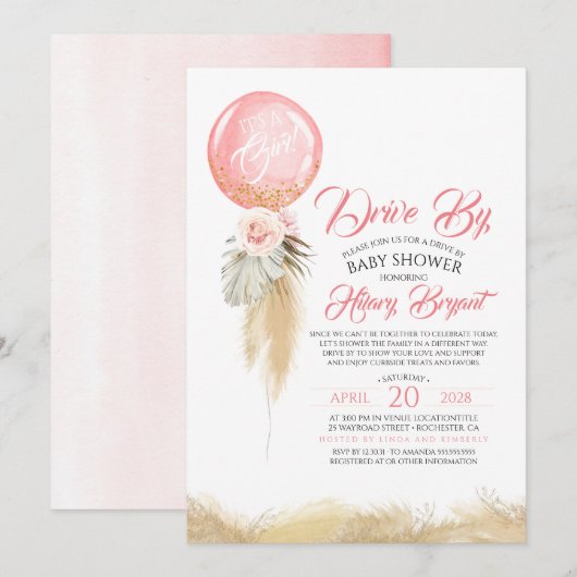 Invitation Pampas Balloon Rose Grass Drive Par Baby shower (Devant / Derrière)