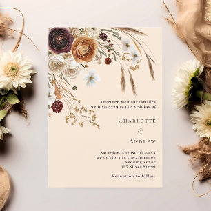Invitation Pampas beige bordeaux fleuris mariage de luxe