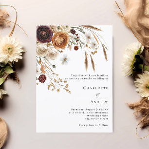 Invitation Pampas beige Bourgogne fleuris mariage