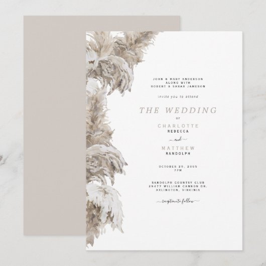 Invitation Pampas Beige Les deux définit les parents Mariage  (Devant / Derrière)