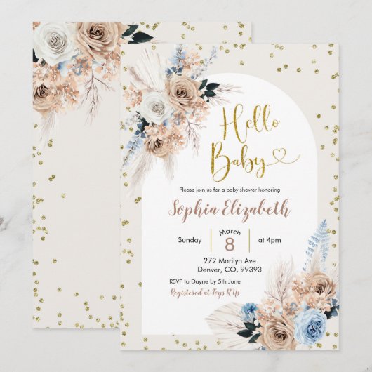 Invitation Pampas bleu herbe boho bonjour bébé garçon baby sh (Devant / Derrière)