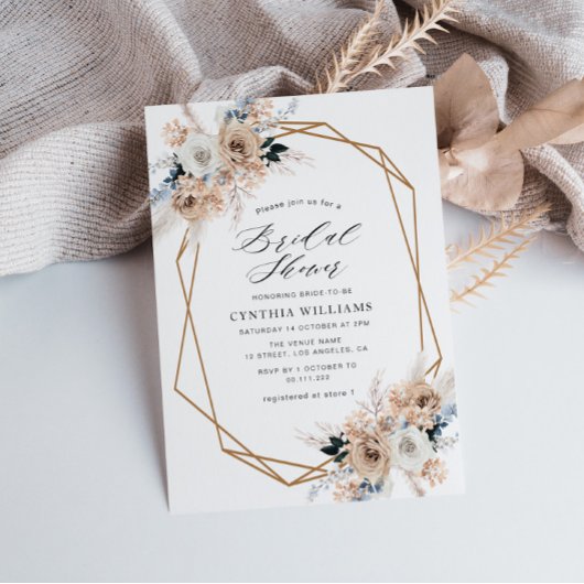 Invitation pampas bleu poussiéreux gazon beige nuptiale