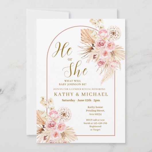 Invitation Pampas Boho rose Révélation de genre (Devant)