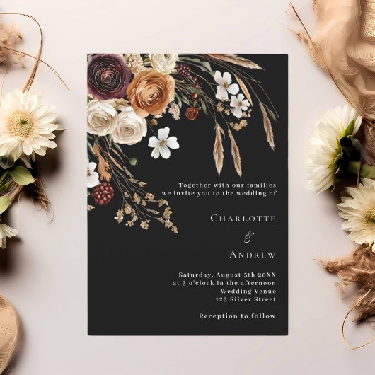 Invitation Pampas bordeaux noir beige floraux mariage