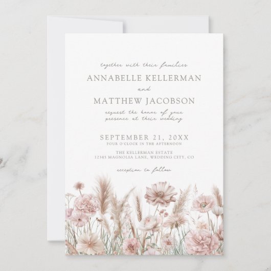 Invitation Pampas botanique rose pâle Mariage boho floral (Devant)